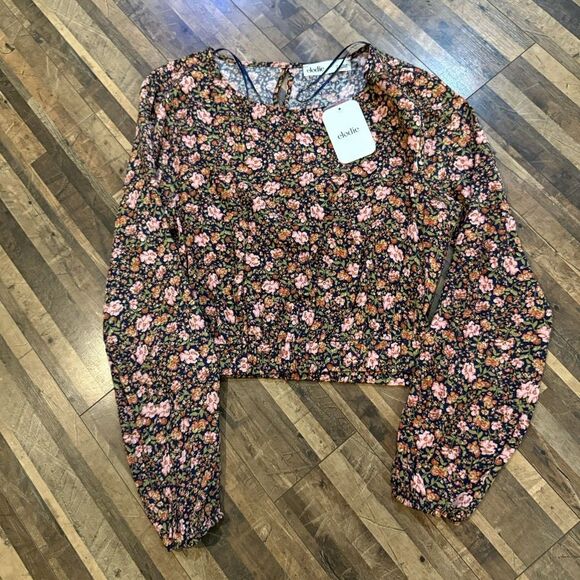 Elodie Tops - Elodie Floral Print Balloon Sleeve Blouse Navy Pink Romantic Top Size‎ L